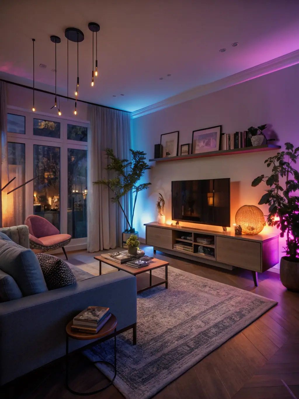 A brightly lit modern living room with smart home lighting controls visible on a tablet, showcasing the convenience of iNova's home automation lighting solutions.