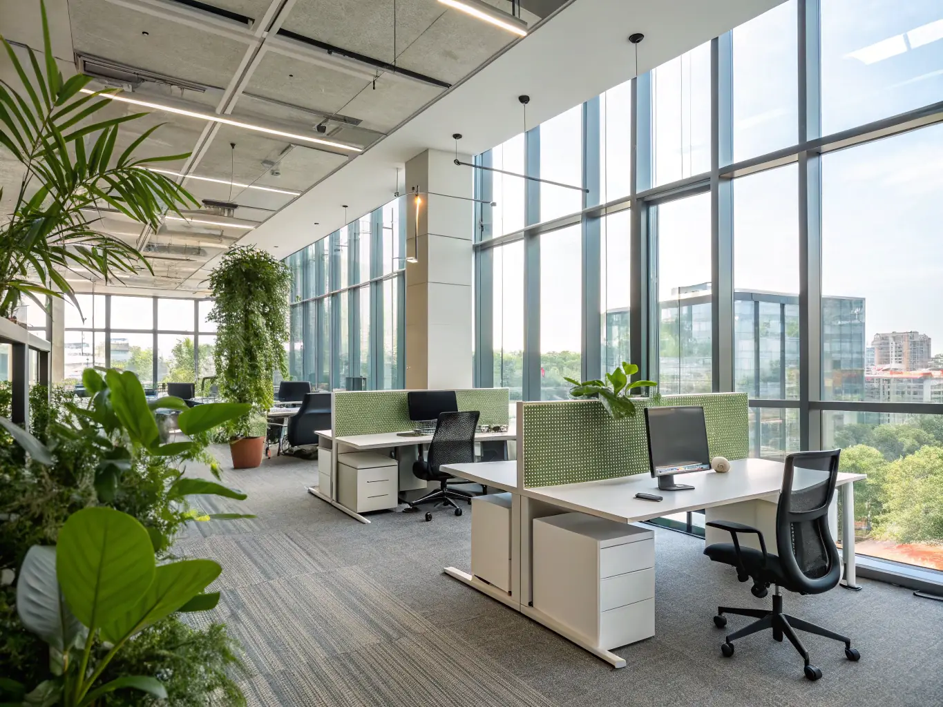 A brightly lit, modern office space with intelligent lighting systems that automatically adjust to natural light levels, creating a comfortable and productive work environment.