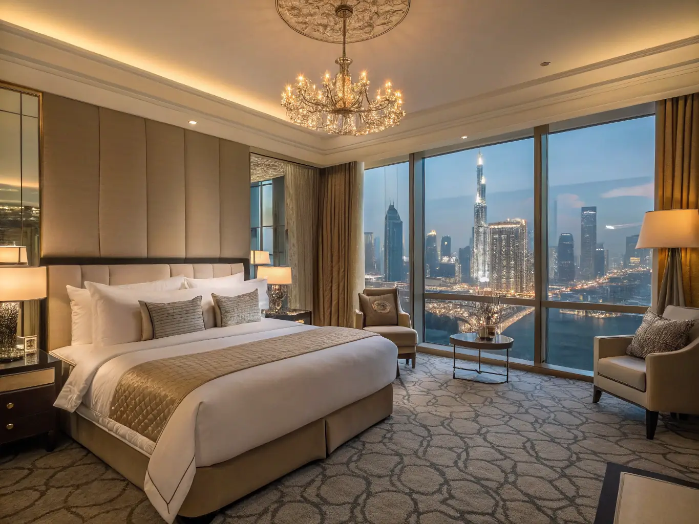 A luxurious hotel suite featuring customized lighting that enhances the ambiance and guest experience. The lighting is soft, elegant, and adjustable to suit the guest's preferences.