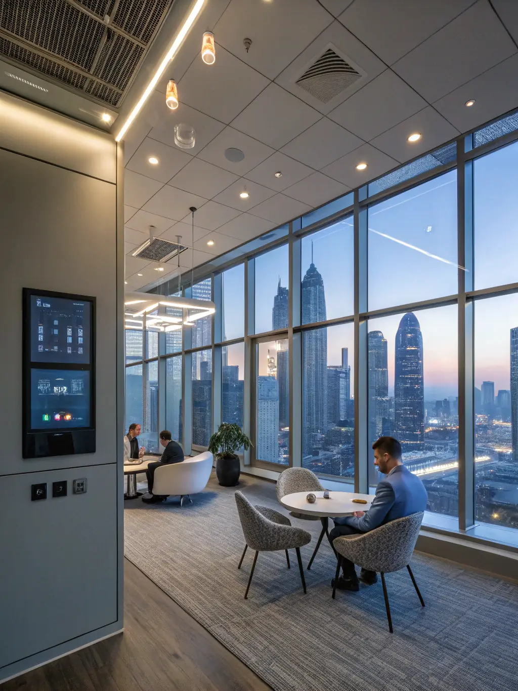 A sleek, modern office space with automated lighting adjusting to natural light levels, demonstrating iNova's commercial lighting control capabilities.