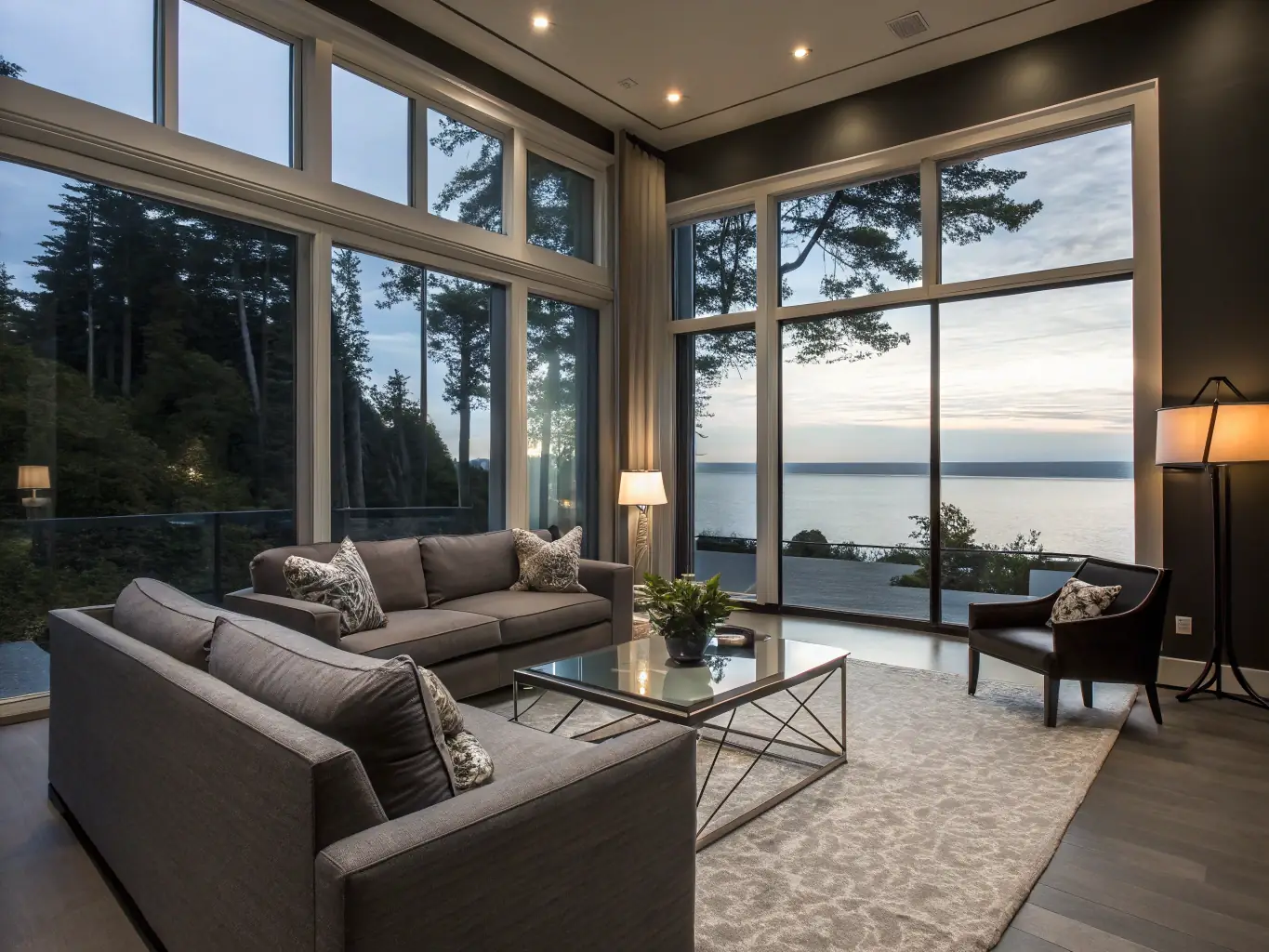 A modern living room featuring soft, adjustable smart lighting that highlights the architectural details and creates a cozy atmosphere. The scene is set in the evening, showcasing the warm, inviting glow of the lights.