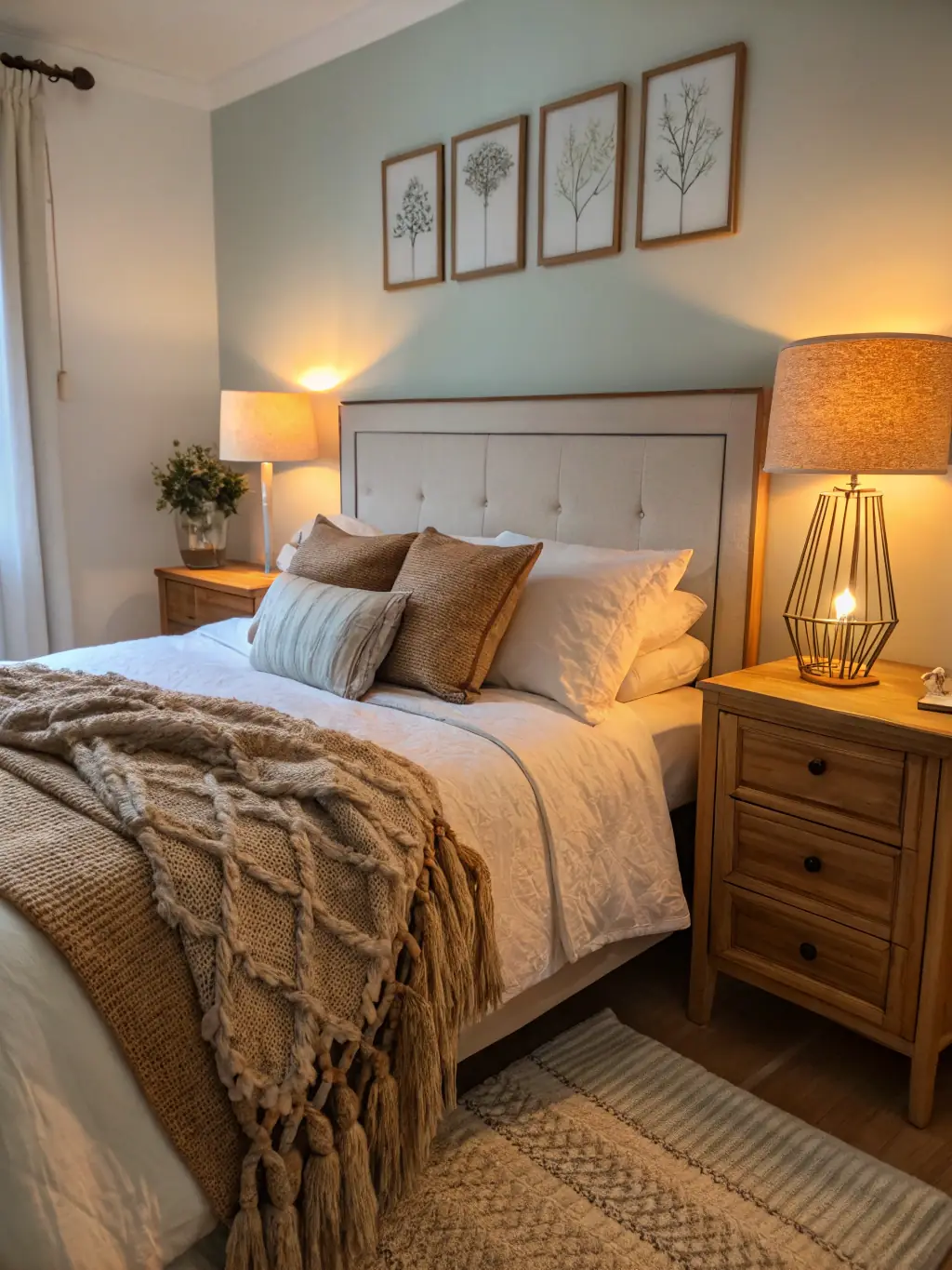 A luxurious bedroom featuring soft, adjustable lighting controlled via a smartphone app, highlighting the personalized lighting scenes offered by iNova.